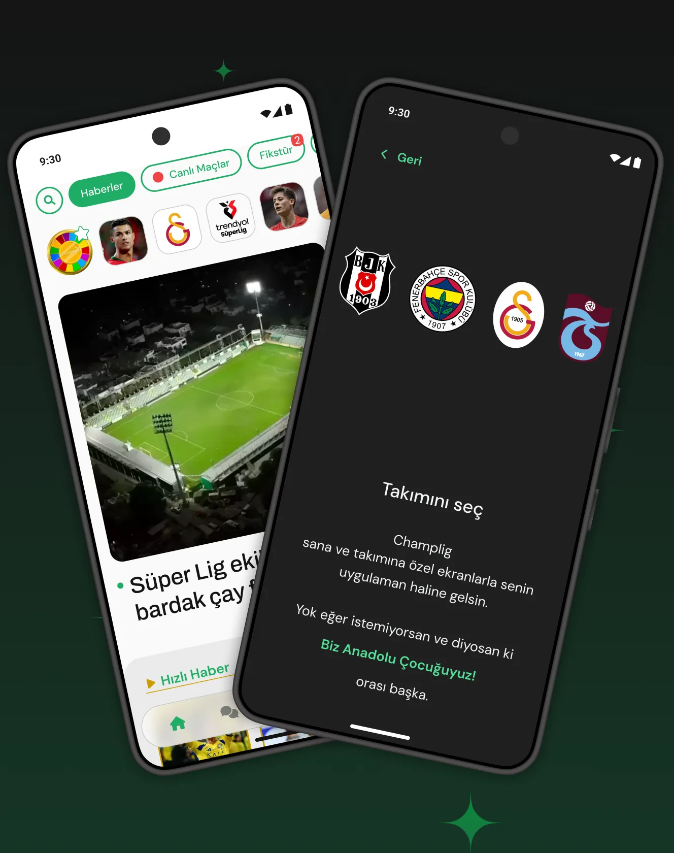 Champslig Haber Akışı ve Takım Seçimi Ekranları