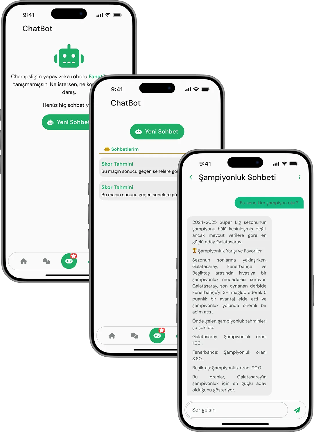 Champslig Yapay Zeka Sohbet Asistanı Ekranları