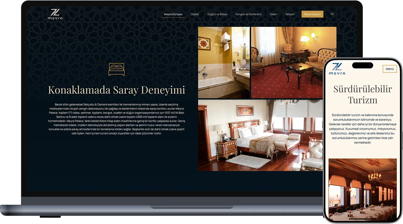 Meyra Palace web sitesi laptop ve mobil mockup